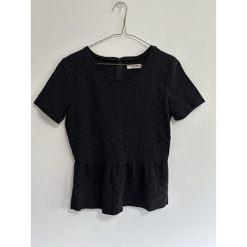 Madewell Top Polka Dot Flocked Velvet Small Tee‎ Ruffle Size Small Stretch Black